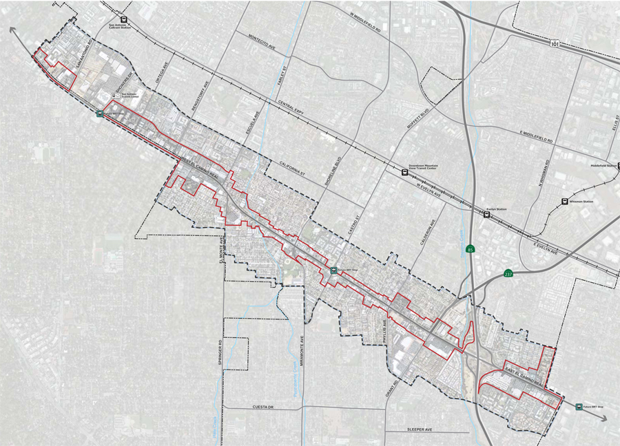The plan area encompasses 222 acres and runs the entire 3.9-mile length of the El Camino Real corridor in Mountain View. The plan area includes the majority of parcels fronting El Camino Real plus additional parcels adjacent to the corridor.  